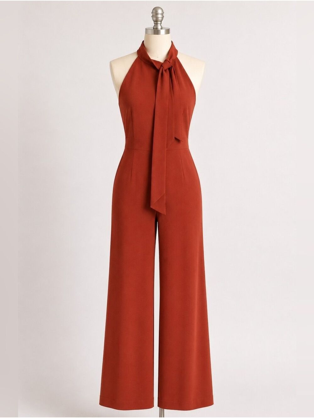 VINCE CAMUTO BOW NECK STRETCH CREPE DRESSY JUMPSUIT RUST SIZE 4